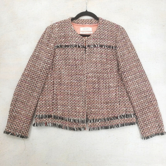 Gerry Weber Women pink tweed blazer US 12 hook and eye front closure fringe - Picture 1 of 15